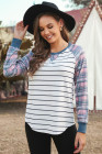Womens Plaid Long Raglan Striped Shirts Top