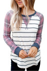Womens Plaid Long Raglan Striped Shirts Top