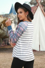 Womens Plaid Long Raglan Striped Shirts Top