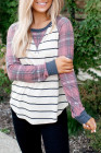 Womens Plaid Long Raglan Striped Shirts Top