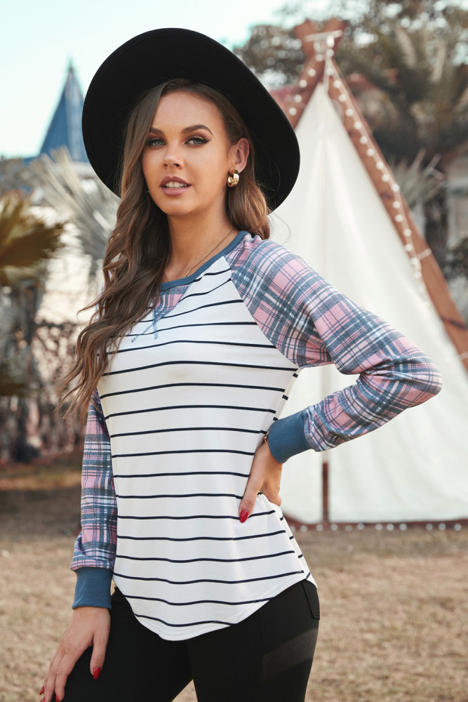 Womens Plaid Long Raglan Striped Shirts Top