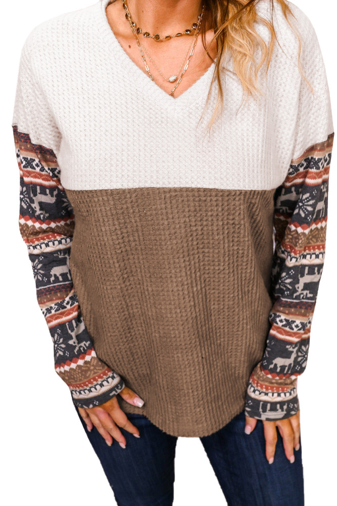 Womens Christmas Elk Sweater Color Block Waffle Knit Pullover Top