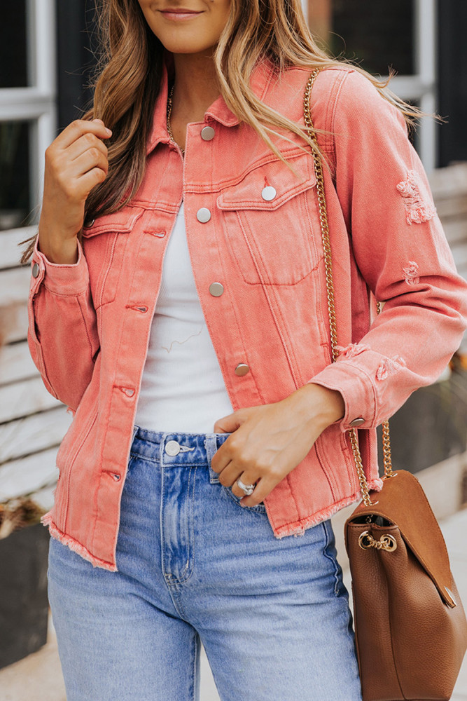 Women's Frayed Denim Jacket Distressed Fringe Trim Denim Shirt