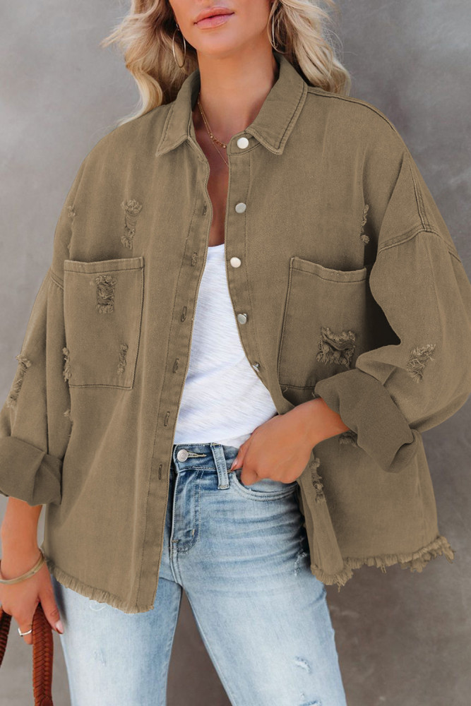 Women's Frayed Denim Jacket Distressed Fringe Trim Denim Shirt