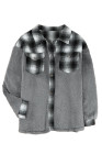 Womens Winter Plaid Shirts Coats Buttoned Pocket Sherpa Jacket