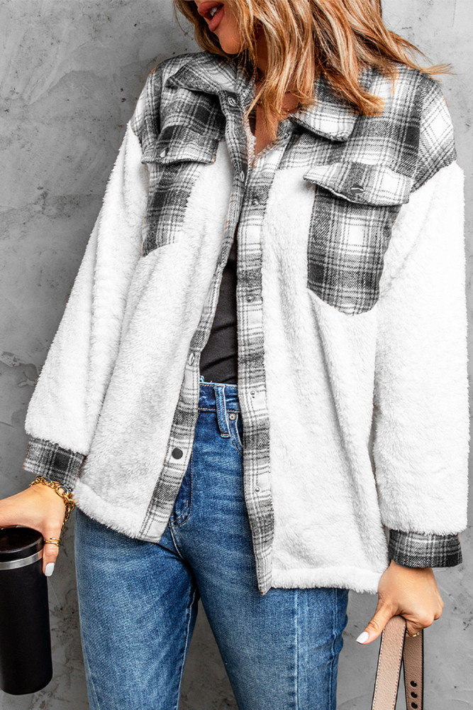 Womens Winter Plaid Shirts Coats Buttoned Pocket Sherpa Jacket