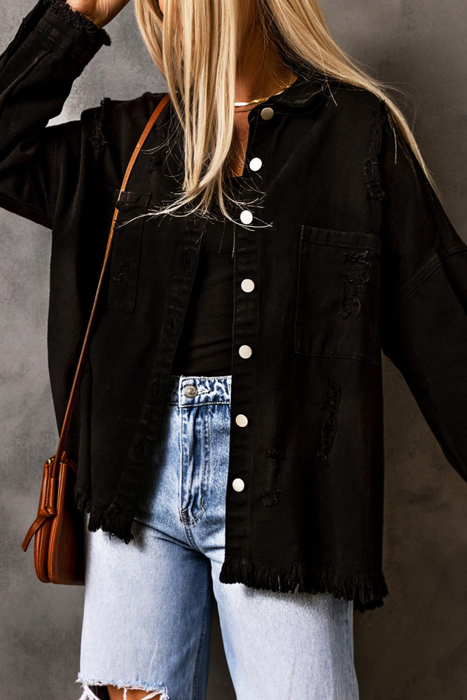 Women's Frayed Denim Jacket Distressed Fringe Trim Denim Shirt