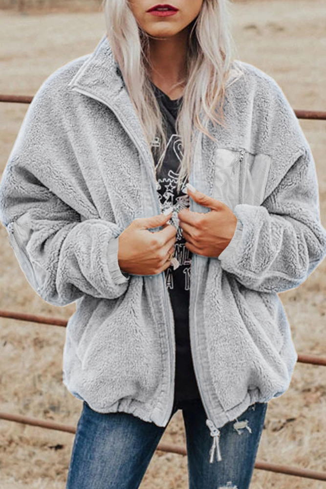 Womens Oversized Zip Up Sherpa Coat with Pocket