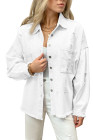 Women's Frayed Denim Jacket Distressed Fringe Trim Denim Shirt