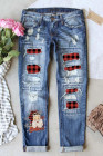 Womens Ripped Denim Pants Christmas Plaid Splicing Distressed Jeans