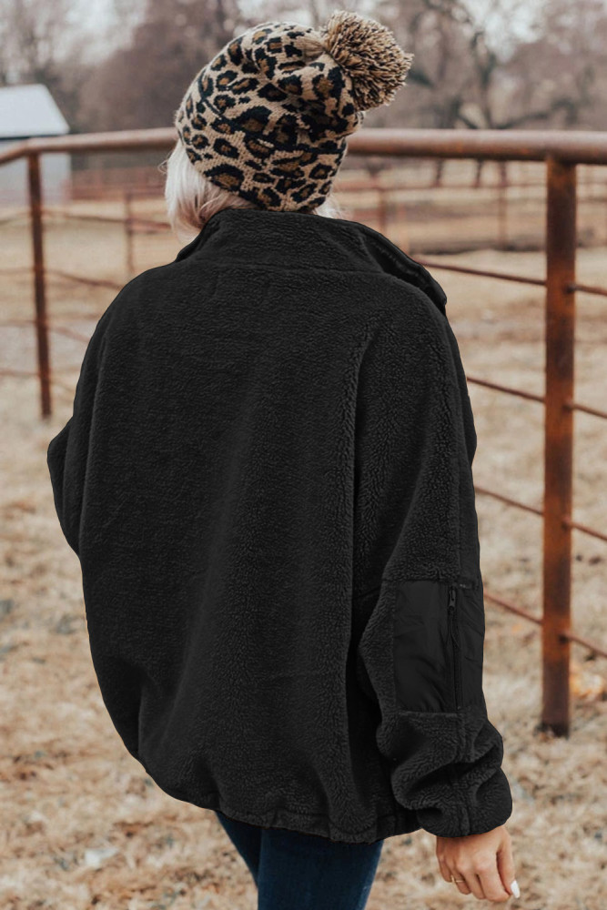 Womens Oversized Zip Up Sherpa Coat with Pocket