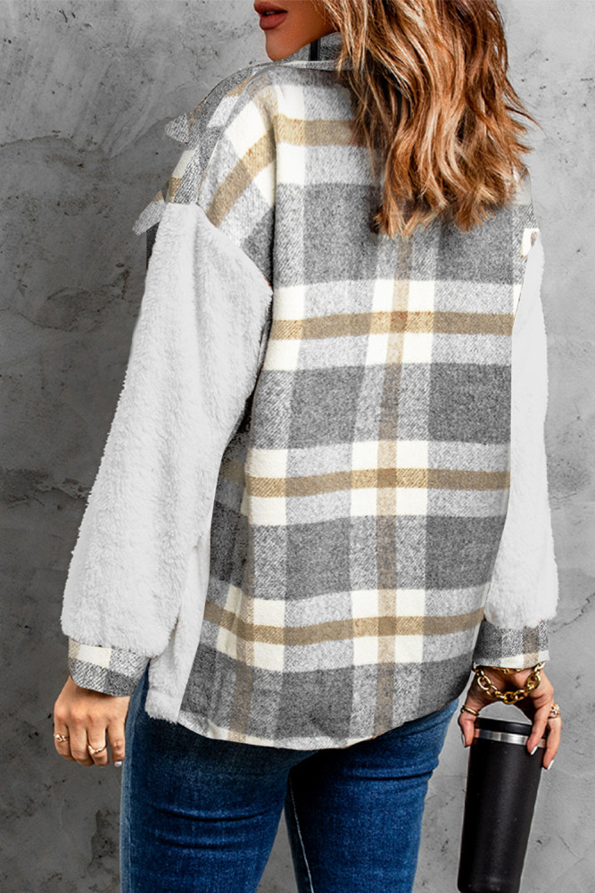 Womens Winter Plaid Shirts Coats Buttoned Pocket Sherpa Jacket