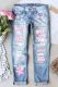 Pink Cherry Blossoms Print Button Pockets Ripped Jeans