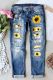 Sunflower Graphic Print Button Pockets Mid Waist Ripped Jeans