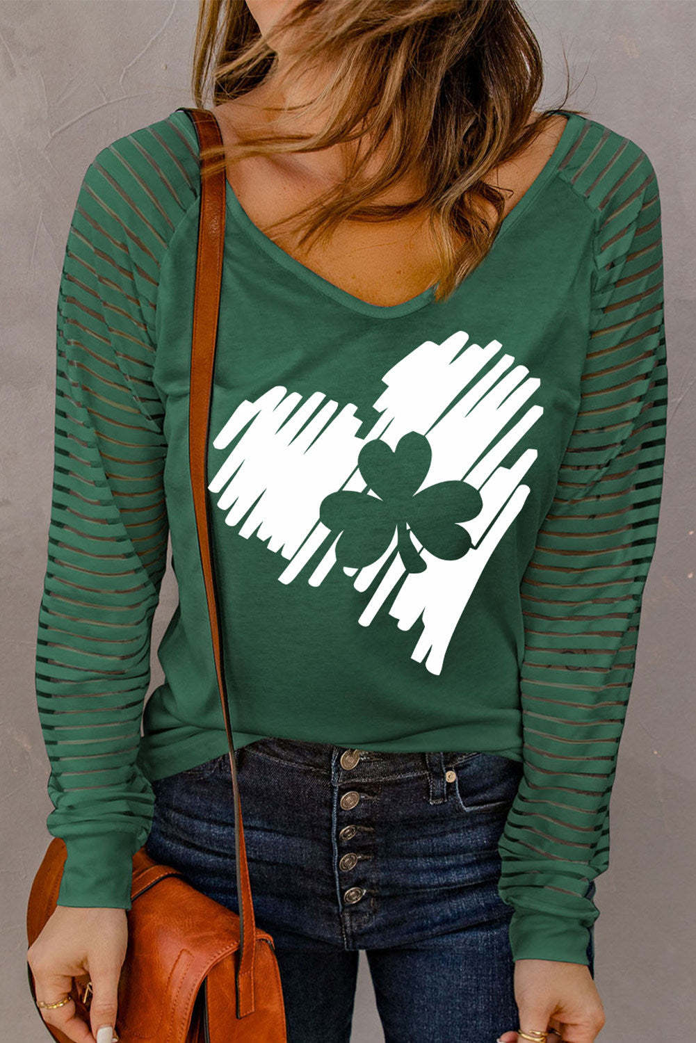 GREEN CLOVER HEART-SHAPED STRIPED V NECK SHIFT CASUAL LONG SLEEVE TOP