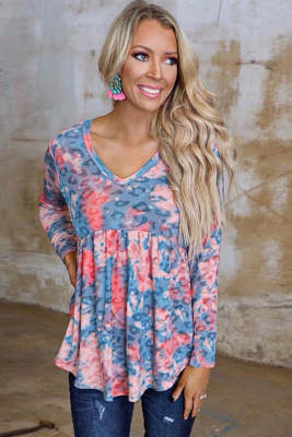 Leopard Tie Dye V Neck Pleated Long Sleeve Top