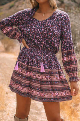 Split V Neck Boho Floral Dress