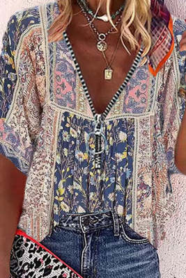 Women's Blouses Floral Tribal Print Zipper Blouse