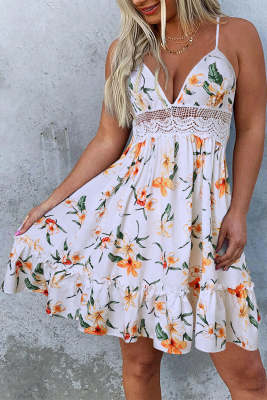 Lace Splicing Floral Open Back Spaghetti Strap Mini Dress