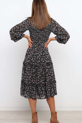 Ruffled Neck Lantern Sleeve Tiered Floral Dress