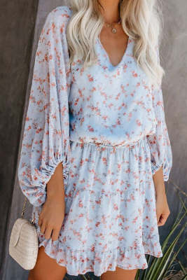 V Neck Lantern Sleeves Floral Tunic Dress