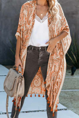 Boho Paisley Print Kimono Beach Cover up with Tassel