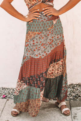 Multicolor Boho Print Tie-Up Waist Long Maxi Skirt