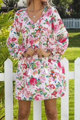 Women's Dresses Floral Print Lace Stiching Mini Dress