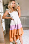 Multicolor High Low Tiered Colorblock Square Collar Midi Dress
