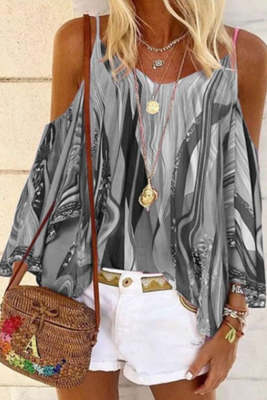 Women's Blouses Tribal Print Cold Shoulder Blouse
