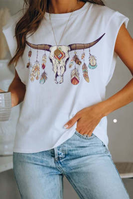 Women's T-shirts Feather Horns Print T-shirt