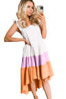 Multicolor High Low Tiered Colorblock Square Collar Midi Dress