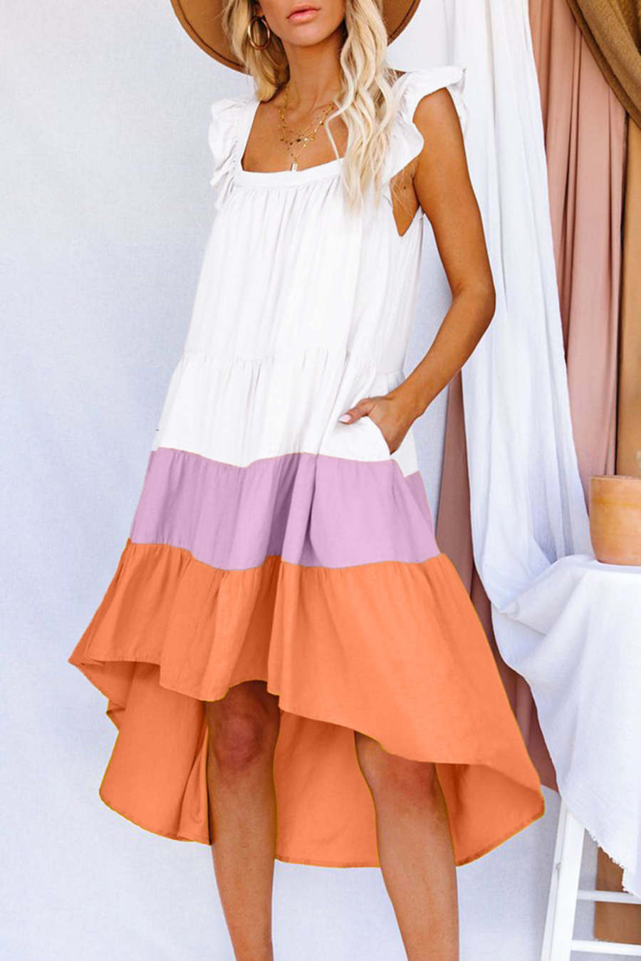 Multicolor High Low Tiered Colorblock Square Collar Midi Dress