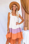 Multicolor High Low Tiered Colorblock Square Collar Midi Dress