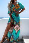 Women's Dresses Geometric Tribal Print Belted Split Maxi Dress