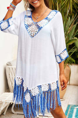Floral Crochet V Neck Tasseled Hem Beach Dress