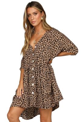 Print V Neck Button Half Sleeves Swing Dress