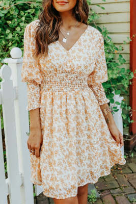 V-Neck 3/4 Sleeve Smocked Floral Dress