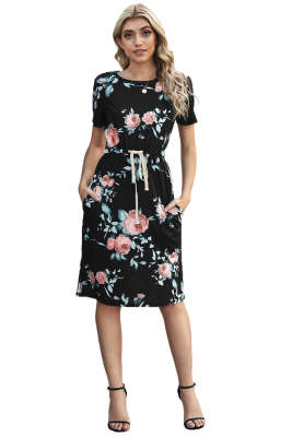 Short Sleeve Pocketed Drawstring Casual Floral Dress