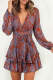 V Neck Baggy Sleeve Waist Tie Double Layer Ruffle Hem Floral Print Short Dress