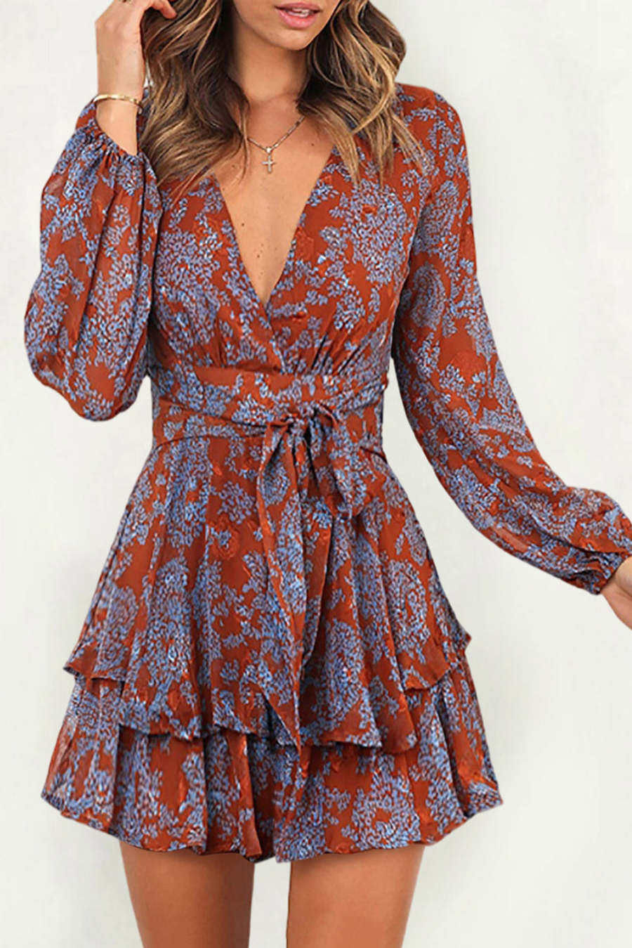 V Neck Baggy Sleeve Waist Tie Double Layer Ruffle Hem Floral Print Short Dress