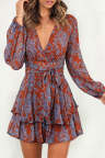 V Neck Baggy Sleeve Waist Tie Double Layer Ruffle Hem Floral Print Short Dress