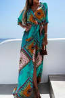 Women's Dresses Geometric Tribal Print Belted Split Maxi Dress