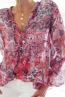 Women's Blouses Floral Print Lantern Sleeve Blouse