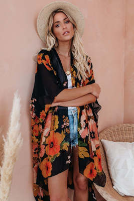 Kimono Sleeve Floral Print Graceful Cover Up