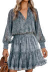 Print Smocked Puff Sleeve Tiered Ruffled Mini Dress