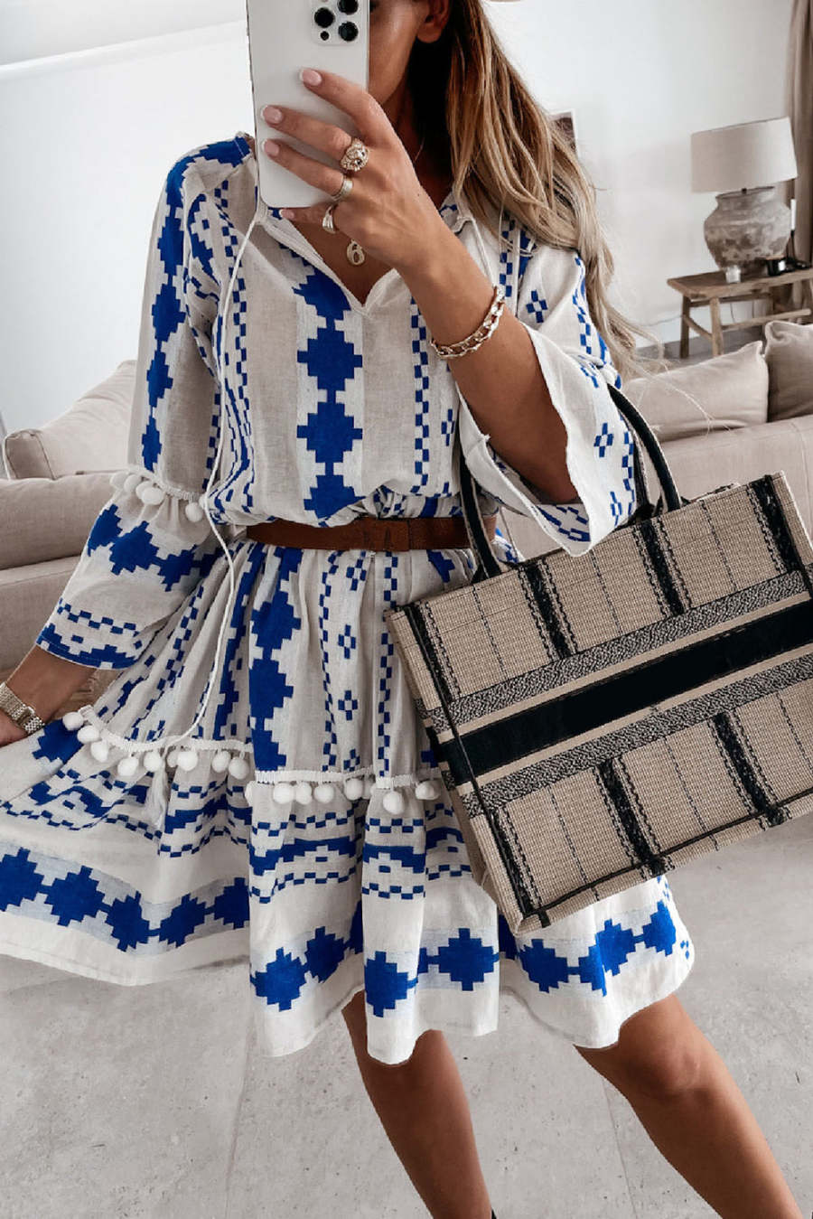 Women's Dresses Geometric Print Tassels Ruffled Mini Dress