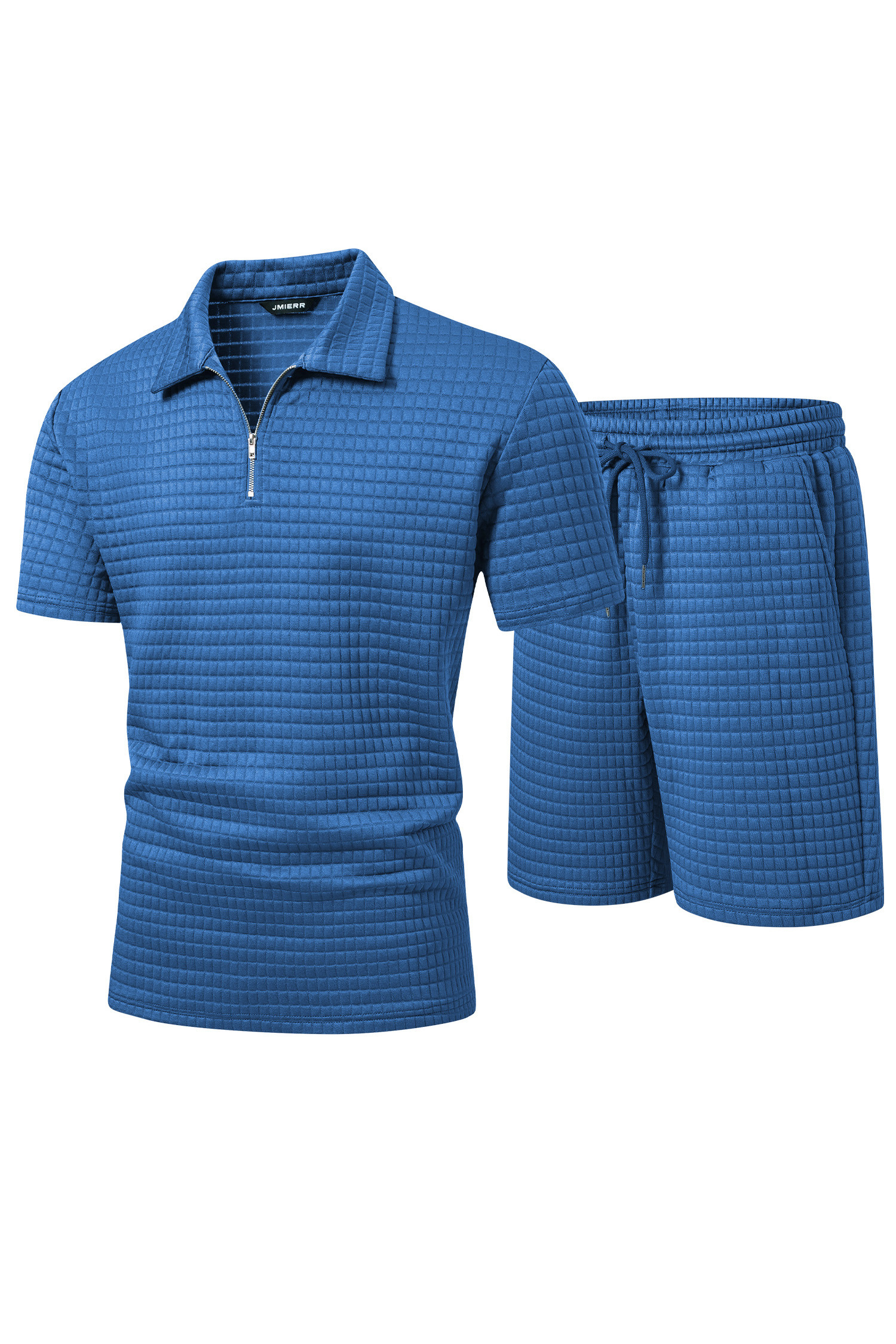 JMIERR Men's 2 Piece Waffle Knit Outfit Half Zip Polo Shirt and Shorts Textured Summer Set