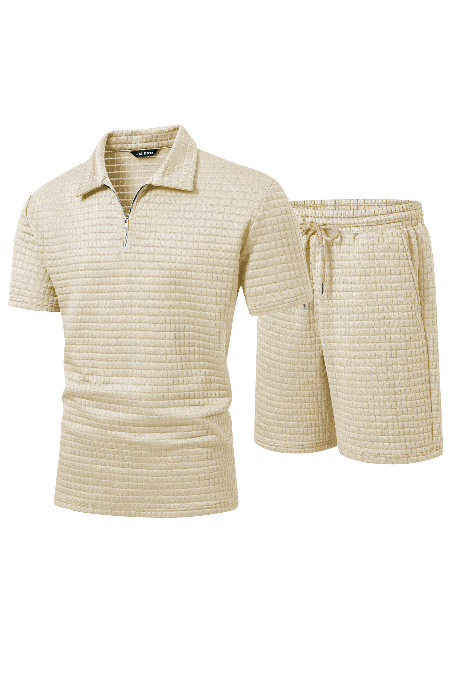 JMIERR Men's 2 Piece Waffle Knit Outfit Half Zip Polo Shirt and Shorts Textured Summer Set