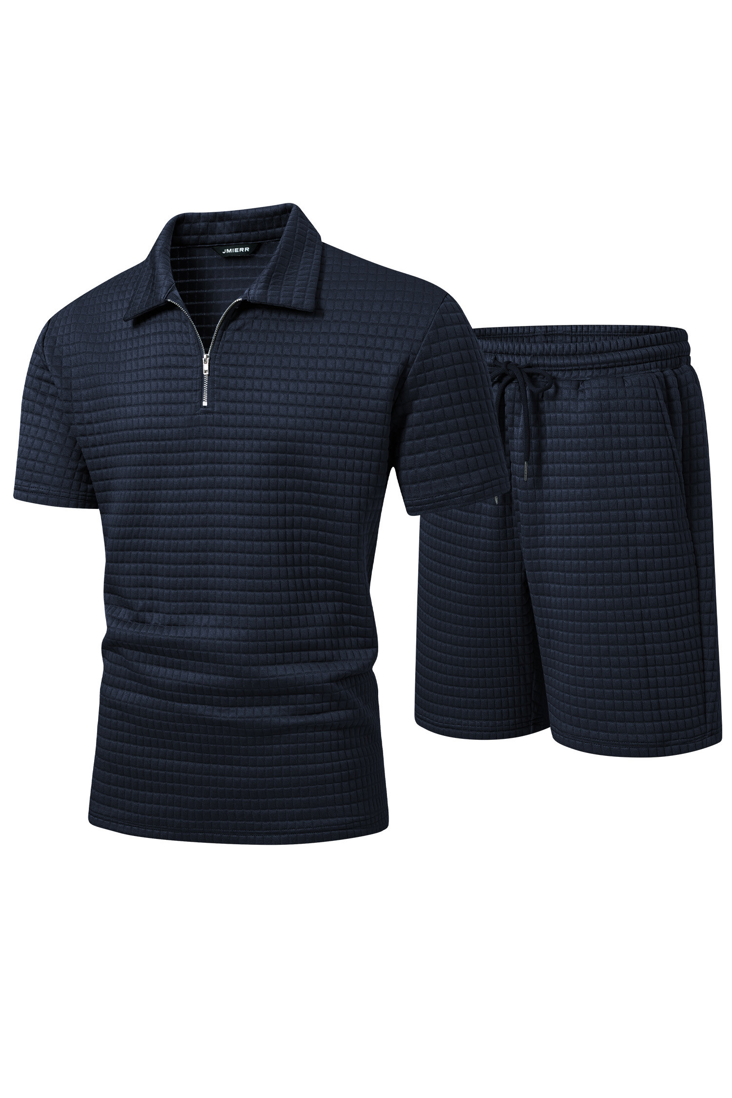 JMIERR Men's 2 Piece Waffle Knit Outfit Half Zip Polo Shirt and Shorts Textured Summer Set